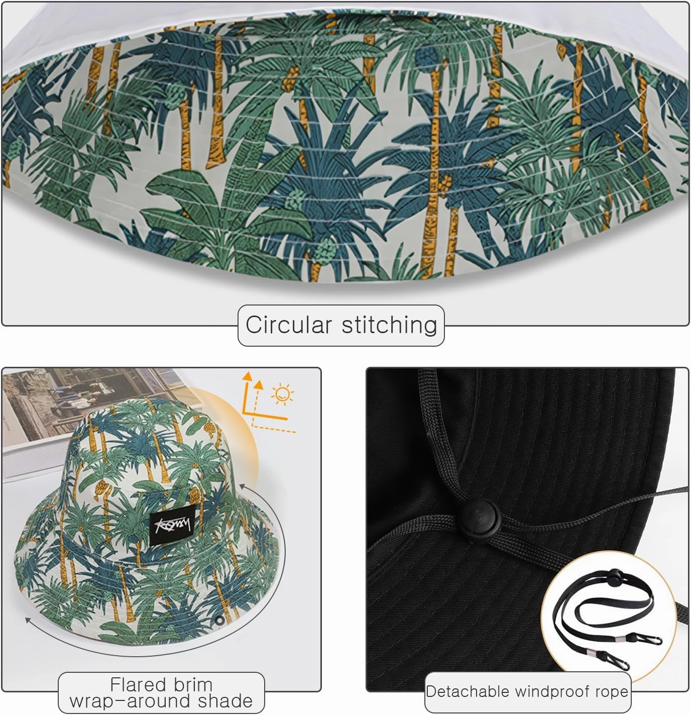 Unisex Reversible Bucket Hat Double-Sided Print Cotton Fisherman Hat with Detachable String Foldable Summer Sun Hat