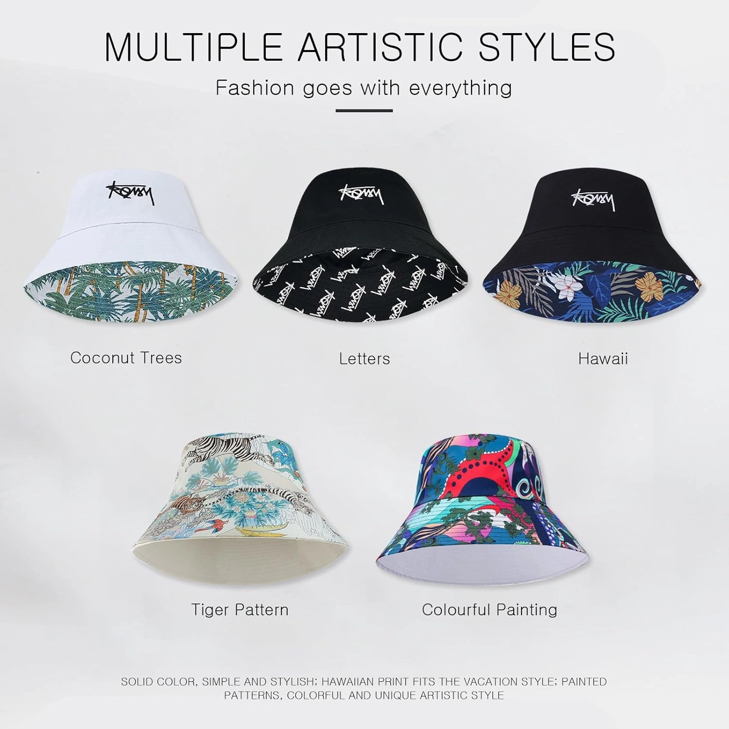 Unisex Reversible Bucket Hat Double-Sided Print Cotton Fisherman Hat with Detachable String Foldable Summer Sun Hat