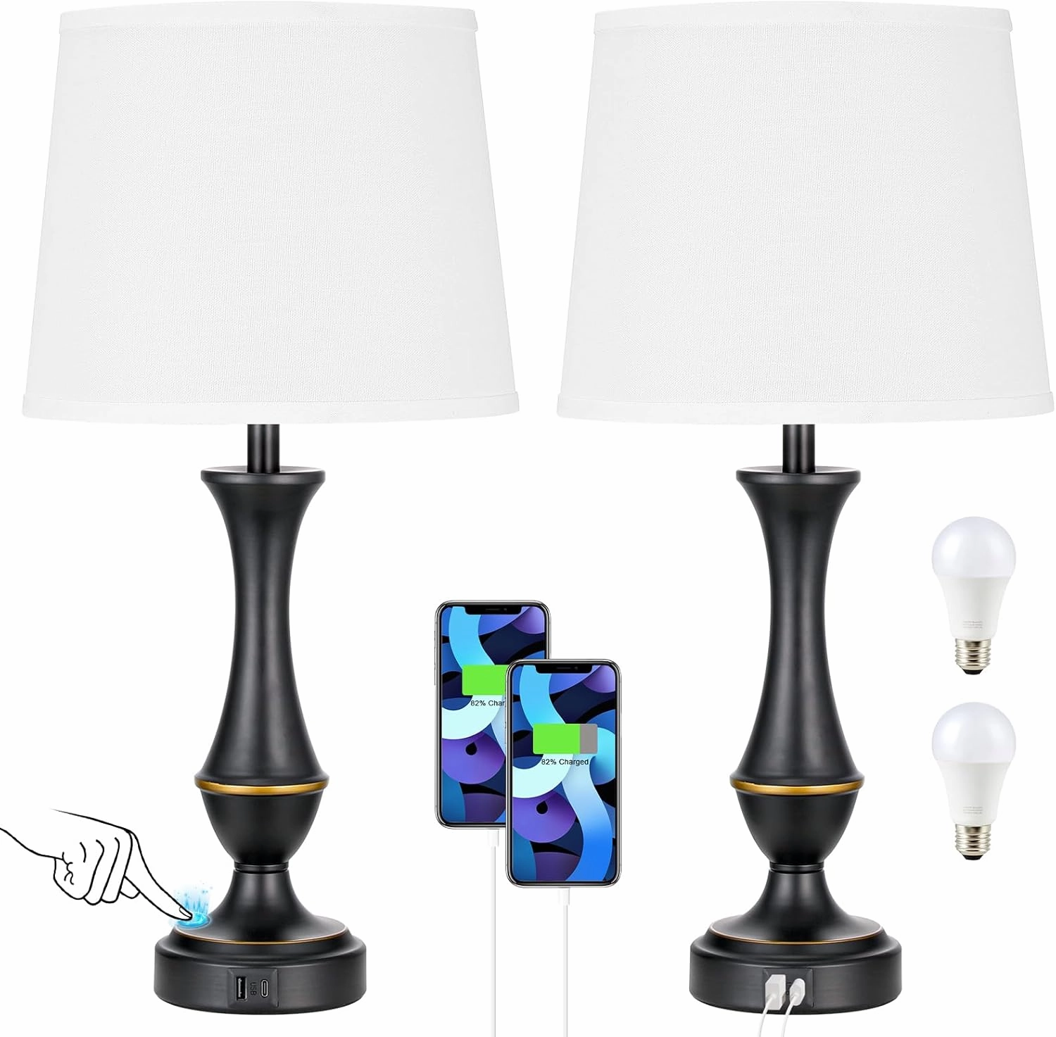 Upgraded Touch Lamps for Bedrooms Set of 2 - Nightstand Table Lamp with USB C A, 3 Way Dimmable Lamps for Living Room, Office(White)