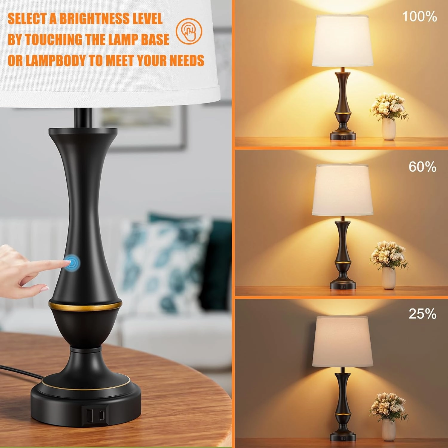 Upgraded Touch Lamps for Bedrooms Set of 2 - Nightstand Table Lamp with USB C A, 3 Way Dimmable Lamps for Living Room, Office(White)