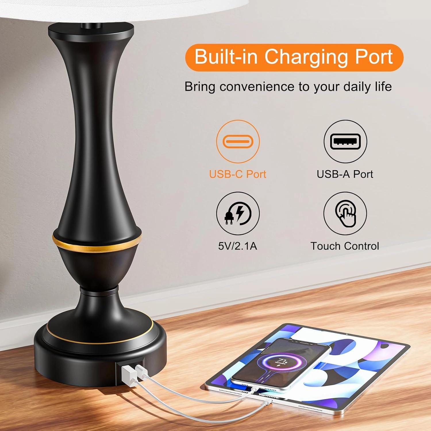 Upgraded Touch Lamps for Bedrooms Set of 2 - Nightstand Table Lamp with USB C A, 3 Way Dimmable Lamps for Living Room, Office(White)