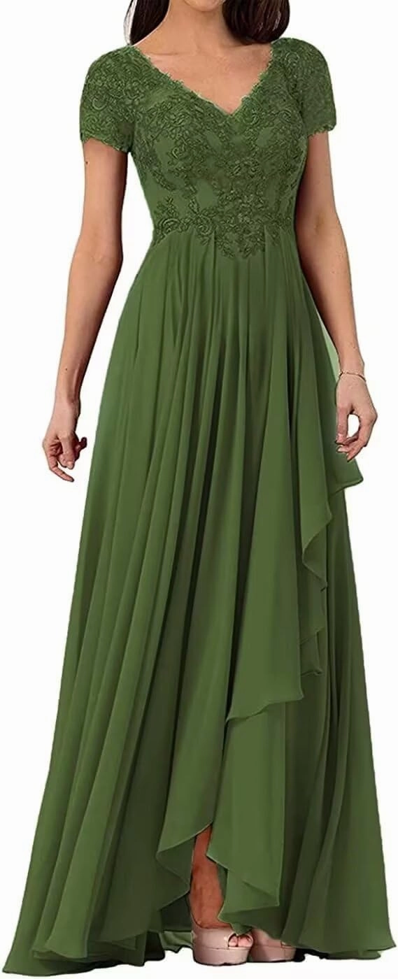 V Neck Mother of The Bride Dress Long Wedding Guests Dresses for Women Lace Appliques Chiffon Formal Evening Party Gowns