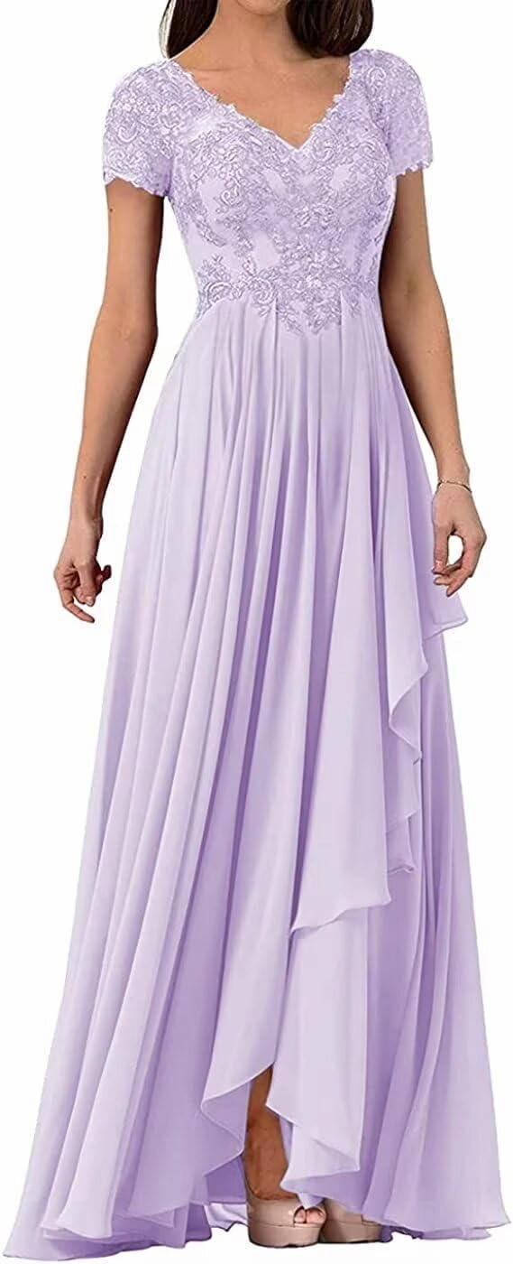 V Neck Mother of The Bride Dress Long Wedding Guests Dresses for Women Lace Appliques Chiffon Formal Evening Party Gowns
