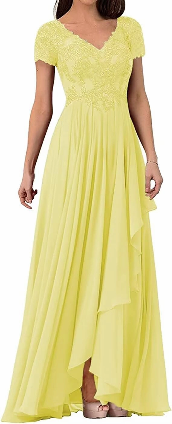 V Neck Mother of The Bride Dress Long Wedding Guests Dresses for Women Lace Appliques Chiffon Formal Evening Party Gowns