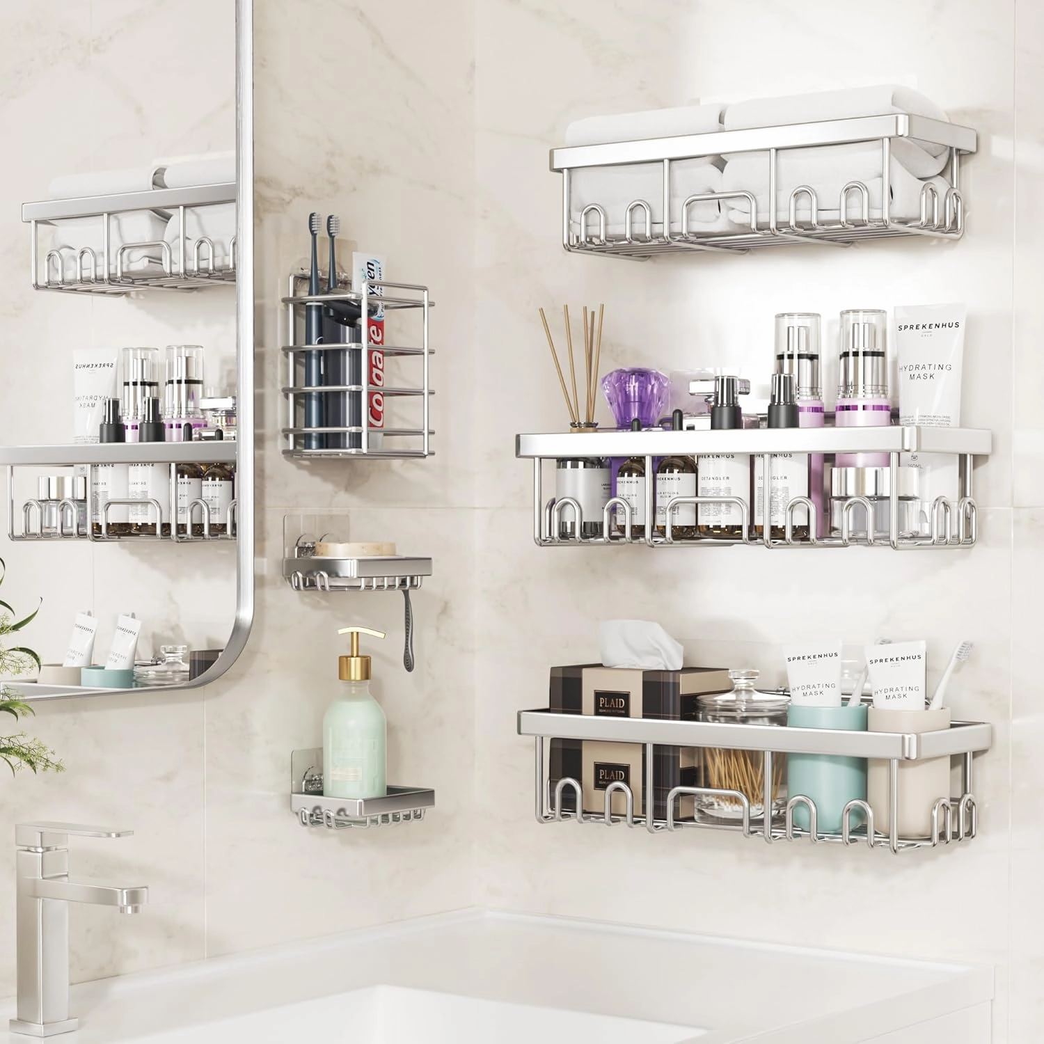 Veken Stainless Steel Shower Caddy 6-Pack, Ideal for Gift, Large Wall Mounted Shower Rack, Bathroom Shelves Over Toilet, Organizer Storage Accessories with Soap Dish & Toothbrush Holder, Silver