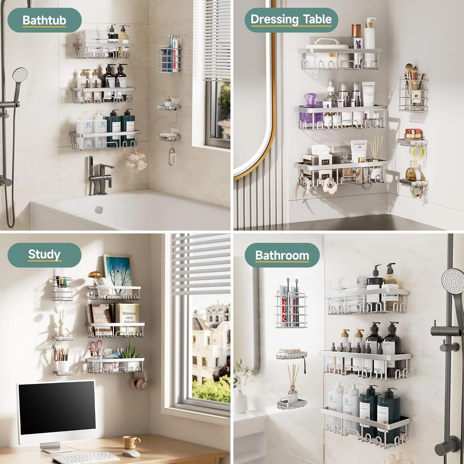 Veken Stainless Steel Shower Caddy 6-Pack, Ideal for Gift, Large Wall Mounted Shower Rack, Bathroom Shelves Over Toilet, Organizer Storage Accessories with Soap Dish & Toothbrush Holder, Silver