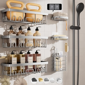 Veken Stainless Steel Shower Caddy 6-Pack, Ideal for Gift, Large Wall Mounted Shower Rack, Bathroom Shelves Over Toilet, Organizer Storage Accessories with Soap Dish & Toothbrush Holder, Silver