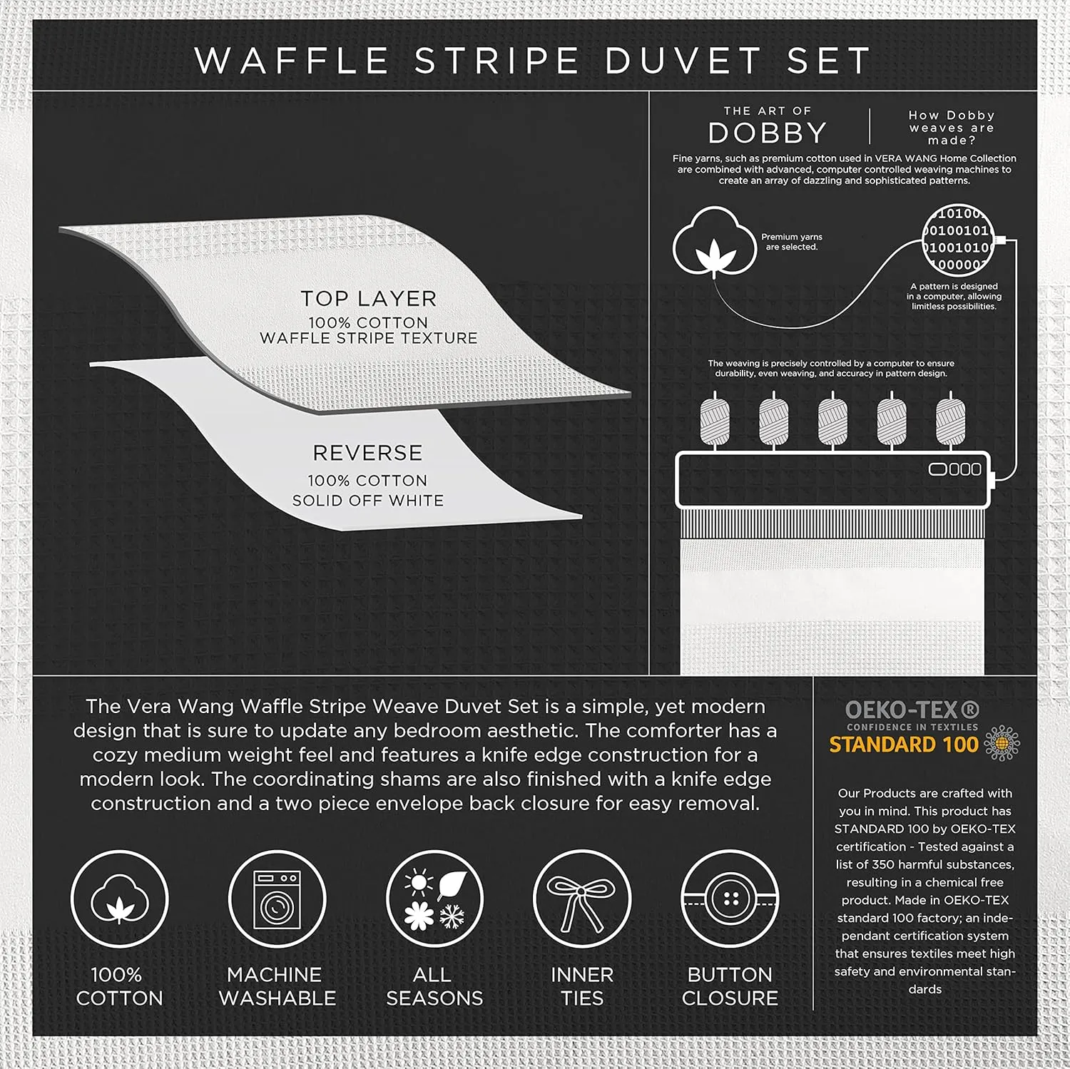 Vera Wang - Queen Duvet Cover Set, Luxury Cotton Bedding with Matching Shams, All Season Home Decor (Waffle Stripe White, Queen)