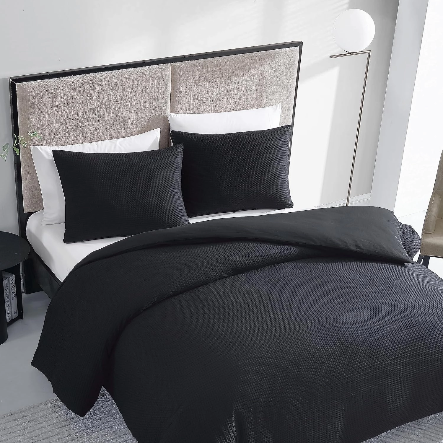 Vera Wang - King Comforter Set, Luxury Cotton Bedding Set with Matching Shams, Chic Room Essentials (Waffle Pique Black, King)