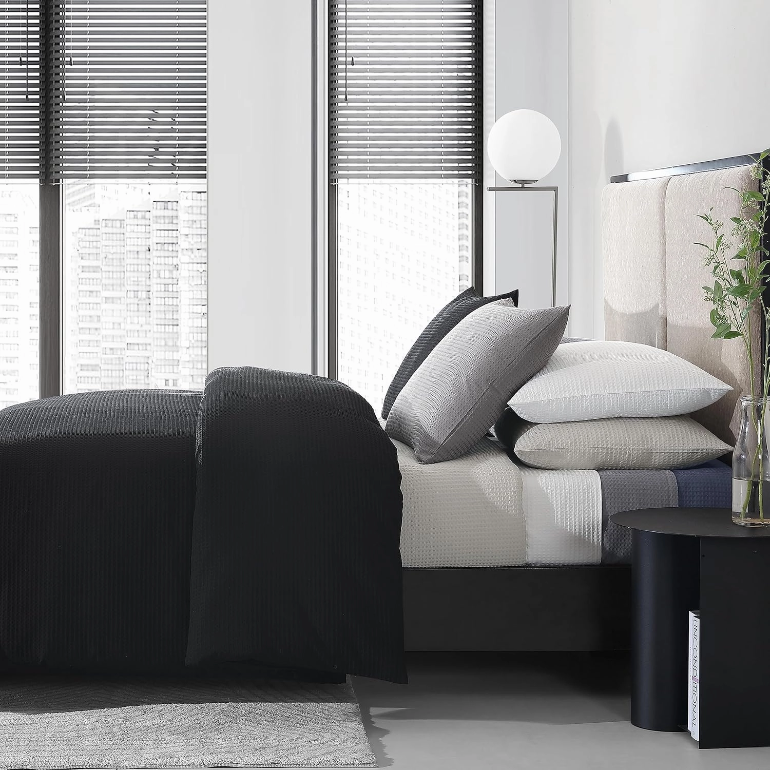 Vera Wang - King Comforter Set, Luxury Cotton Bedding Set with Matching Shams, Chic Room Essentials (Waffle Pique Black, King)
