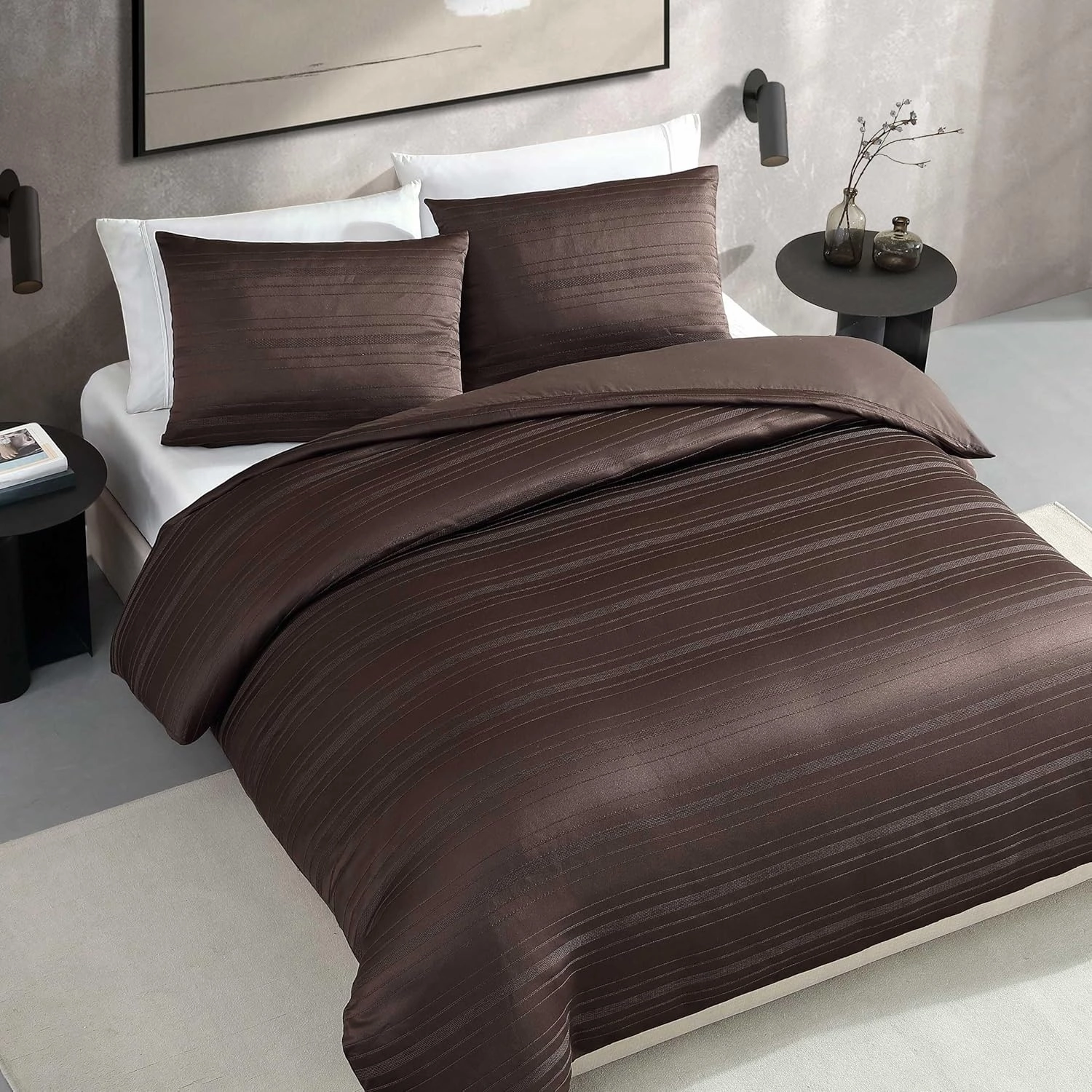 Vera Wang - King Comforter Set, Luxury Textured Weave Bedding Set with Matching Shams, Chic Room Essentials, Oeko-Tex Certified (Illusion Lines Brown, King)