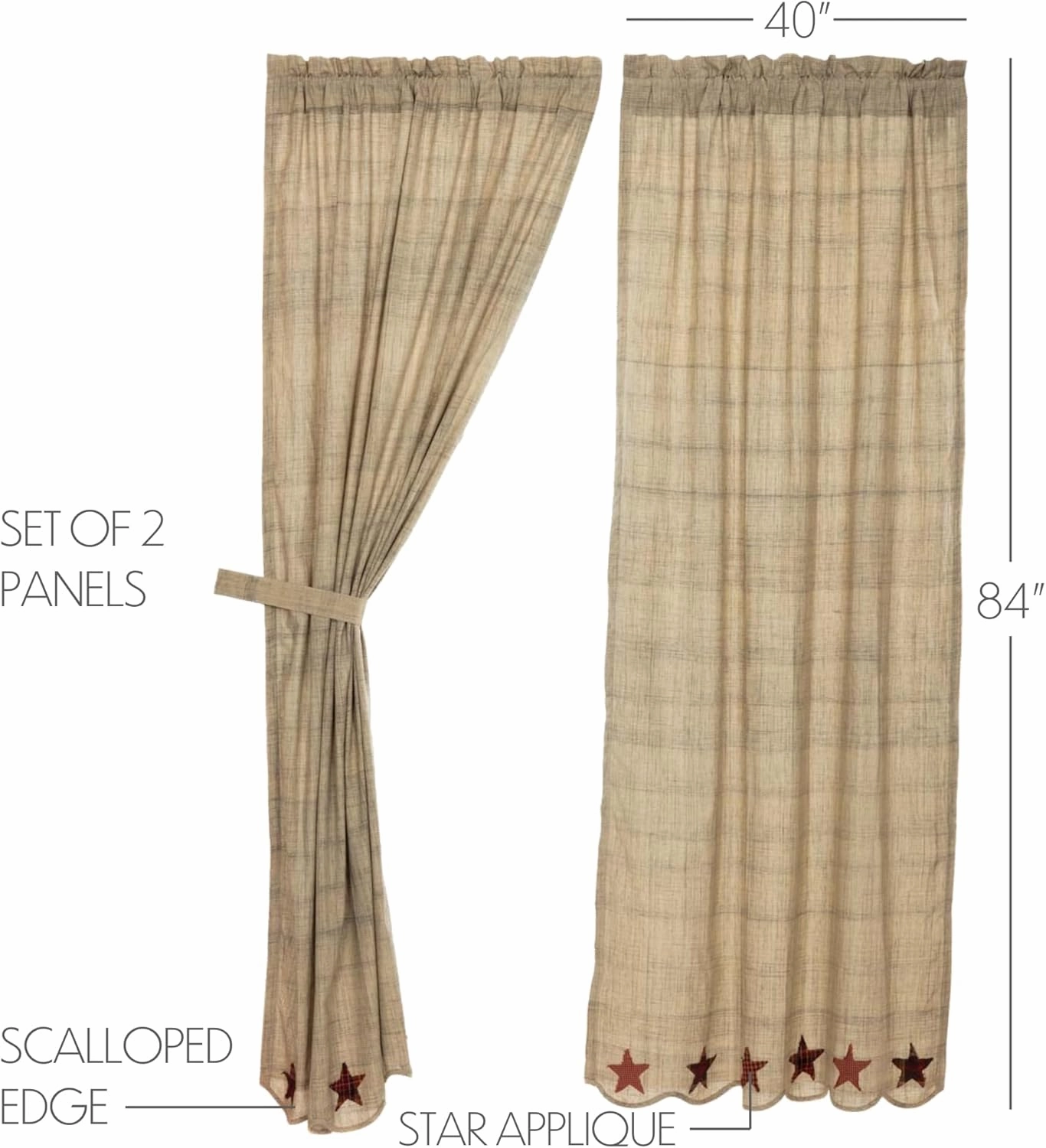 VHC Brands Abilene Country Tan Independence Day Appliqued Textured Star Panel Set of 2 84x40