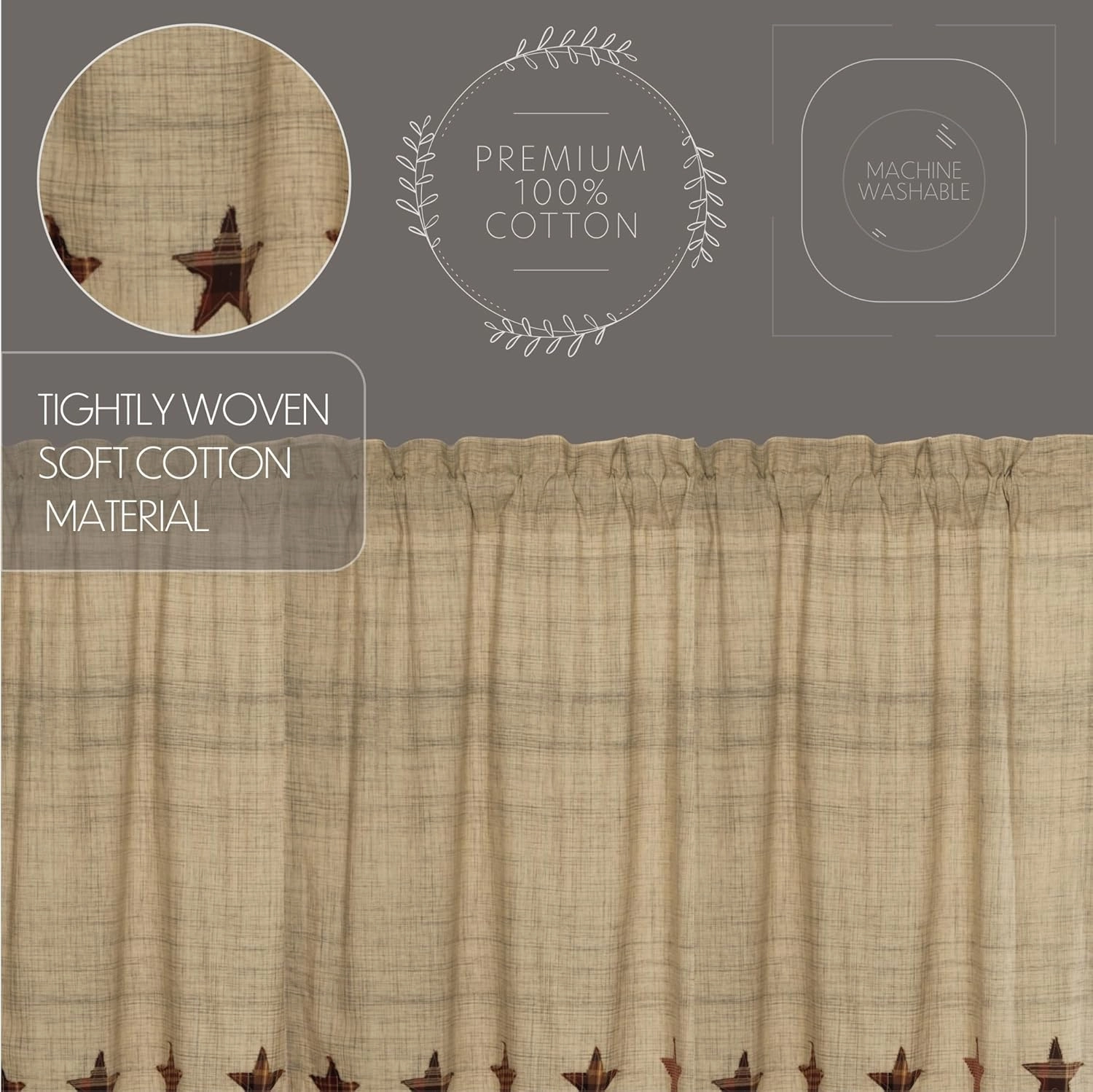 VHC Brands Abilene Country Tan Independence Day Appliqued Textured Star Panel Set of 2 84x40