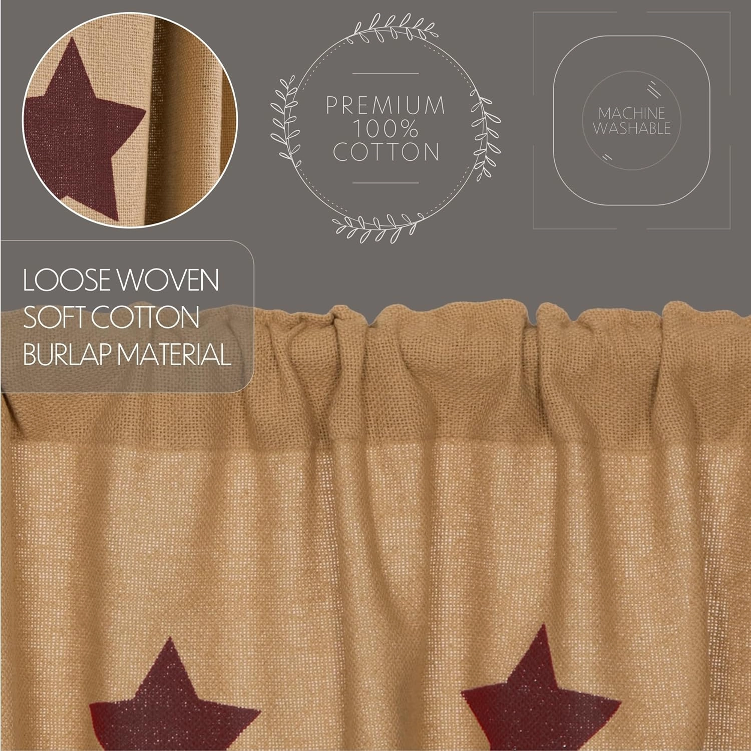 VHC Brands Burlap Natural with Burgundy Stars Primitive 36"x36" Tier Pair Tan Rod Pocket Stenciled Cotton Kitchen Window Curtains
