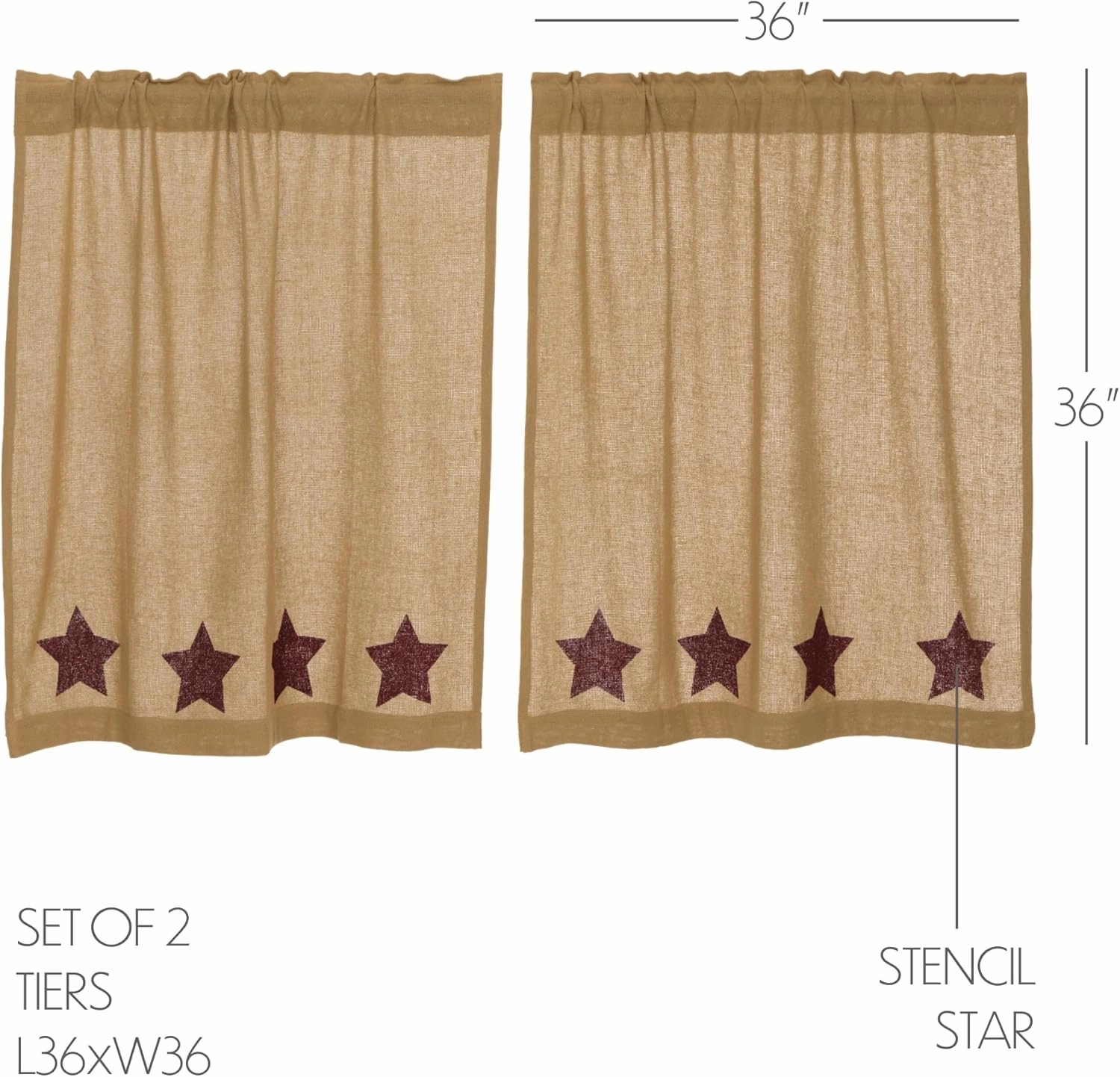 VHC Brands Burlap Natural with Burgundy Stars Primitive 36"x36" Tier Pair Tan Rod Pocket Stenciled Cotton Kitchen Window Curtains