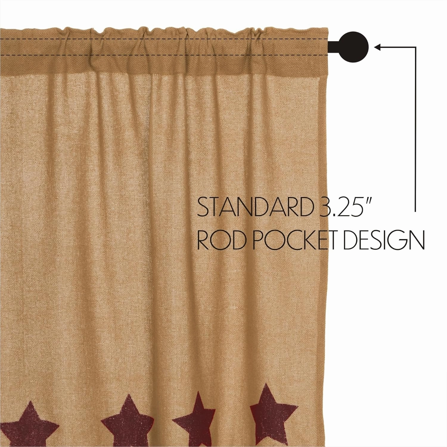 VHC Brands Burlap Natural with Burgundy Stars Primitive 36"x36" Tier Pair Tan Rod Pocket Stenciled Cotton Kitchen Window Curtains