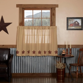 VHC Brands Burlap Natural with Burgundy Stars Primitive 36"x36" Tier Pair Tan Rod Pocket Stenciled Cotton Kitchen Window Curtains