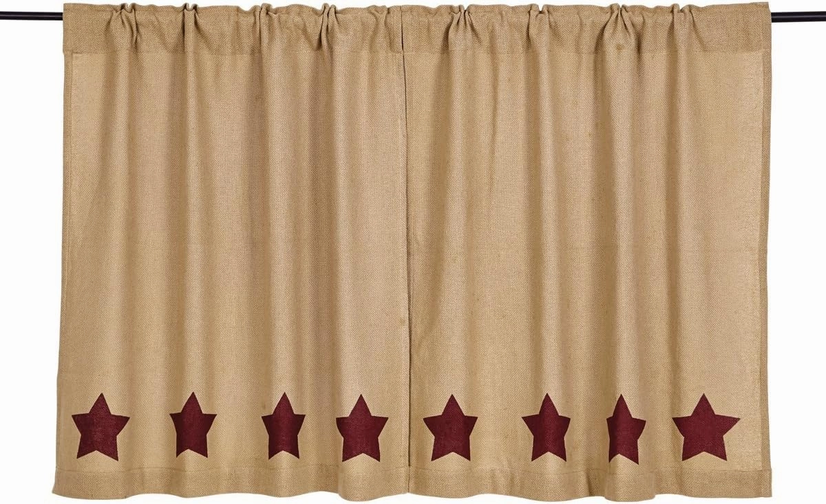 VHC Brands Burlap Natural with Burgundy Stars Primitive 36"x36" Tier Pair Tan Rod Pocket Stenciled Cotton Kitchen Window Curtains