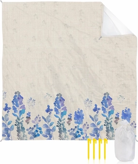 Vintage Botanical Beach Blanket Large with Stakes Waterproof Sandproof Beach Mat with Corner Pockets for Outdoor Travel Camping Hiking Picnic Essentials,Rustic Blue Floral Flower Plant Leaves 83"x79"