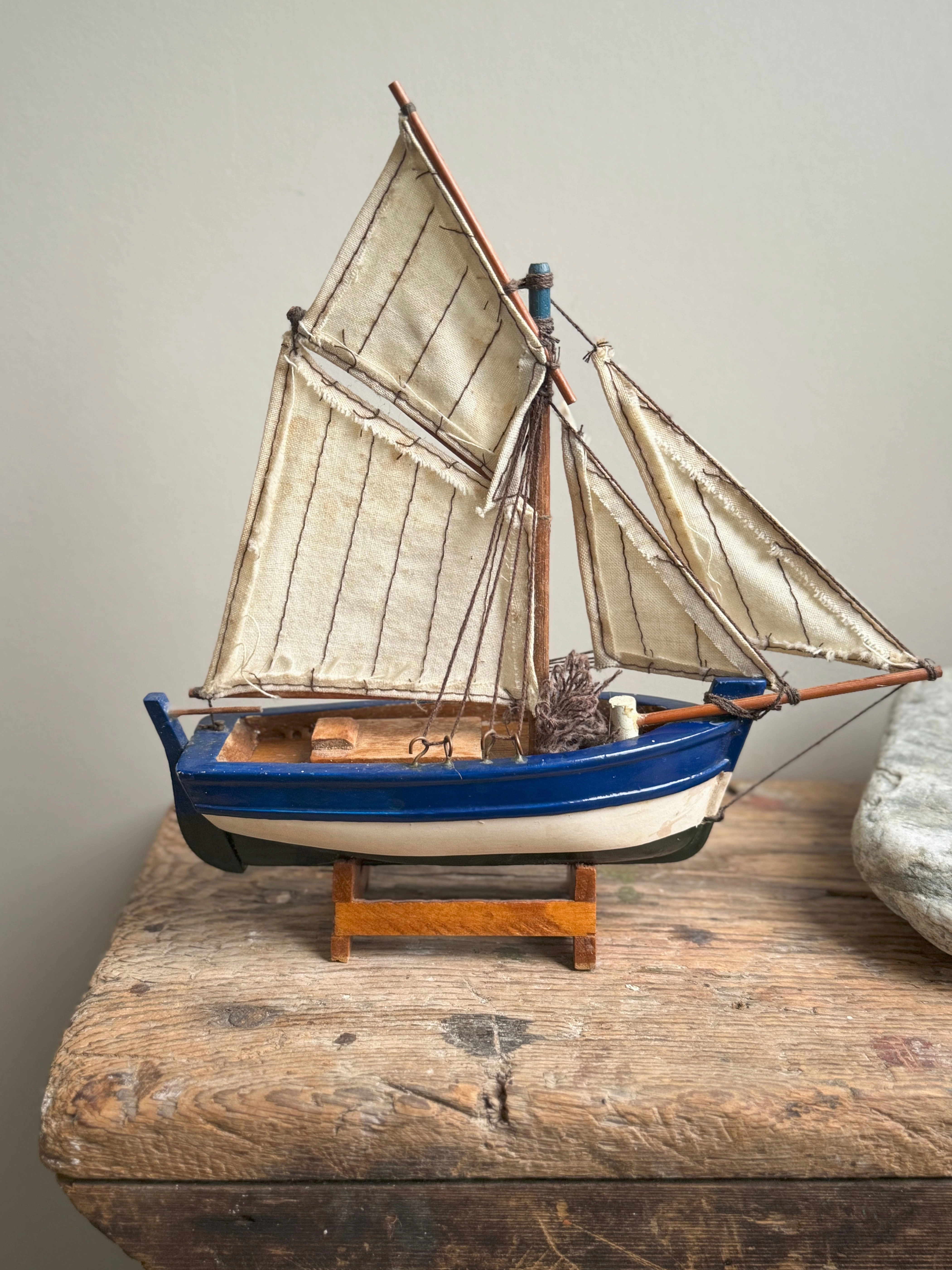 Vintage Handmade Wooden Fishing Boat on Stand