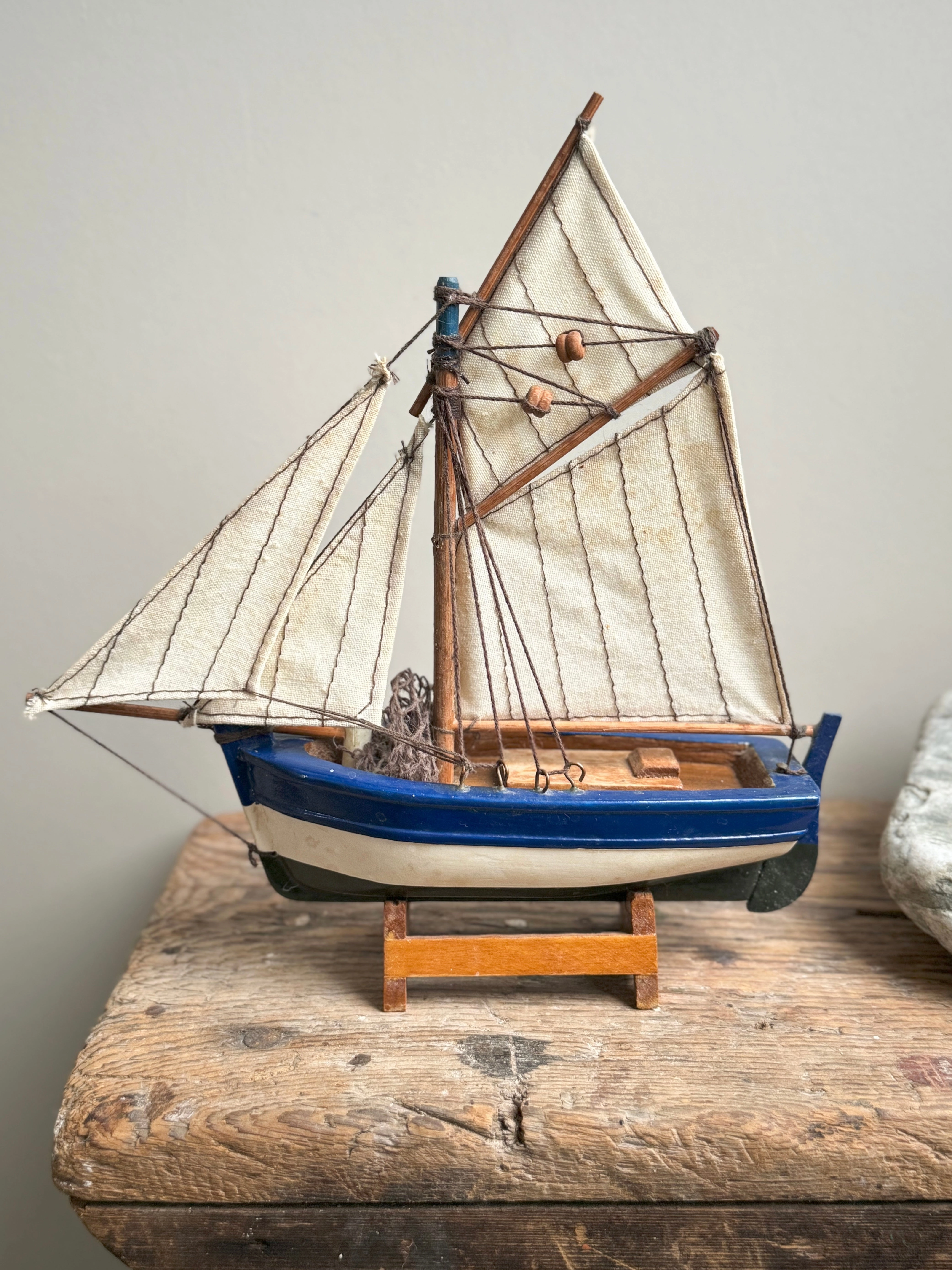 Vintage Handmade Wooden Fishing Boat on Stand
