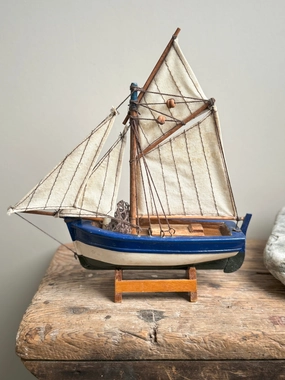 Vintage Handmade Wooden Fishing Boat on Stand