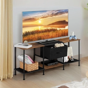 Vrisa TV Stand for 50/55 inch Television TV Cabinet with Open Storage TV Stands with Fabric Drawer Storage Organization TV Stands for Living Room Bedroom, Black Brown