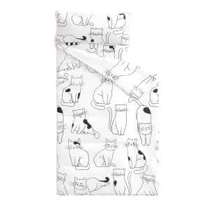 Wake In Cloud - Toddler Nap Mat with Pillow and Blanket, 100% Cotton Fabric, for Kids Boys Girls in Daycare Kindergarten Preschool, Roll Up Sleeping Bag, Black White Cats, Standard
