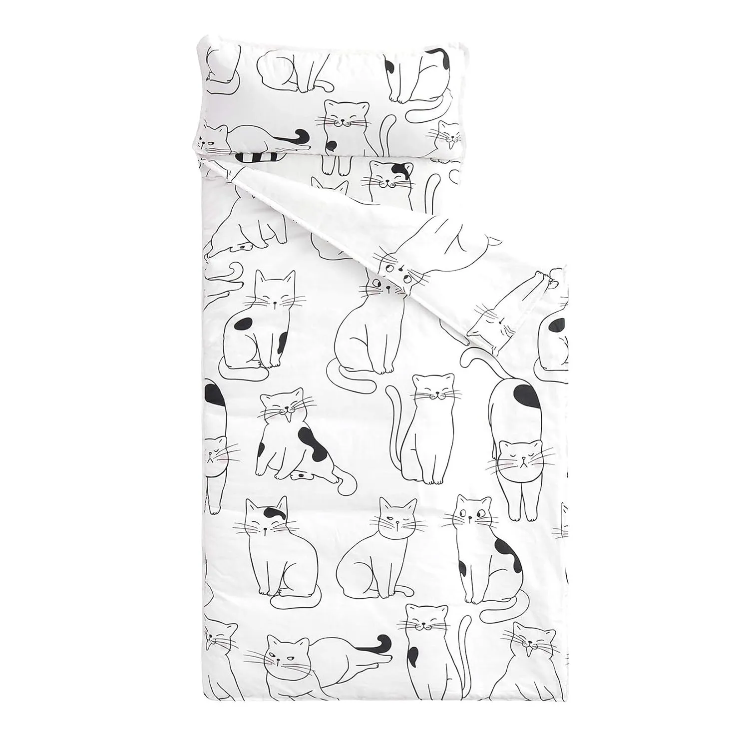 Wake In Cloud - Toddler Nap Mat with Pillow and Blanket, 100% Cotton Fabric, for Kids Boys Girls in Daycare Kindergarten Preschool, Roll Up Sleeping Bag, Black White Cats, Standard