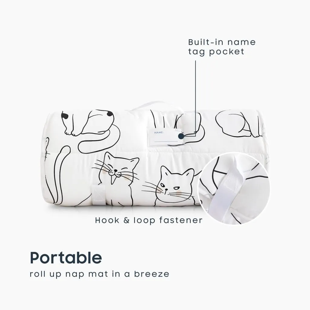 Wake In Cloud - Toddler Nap Mat with Pillow and Blanket, 100% Cotton Fabric, for Kids Boys Girls in Daycare Kindergarten Preschool, Roll Up Sleeping Bag, Black White Cats, Standard