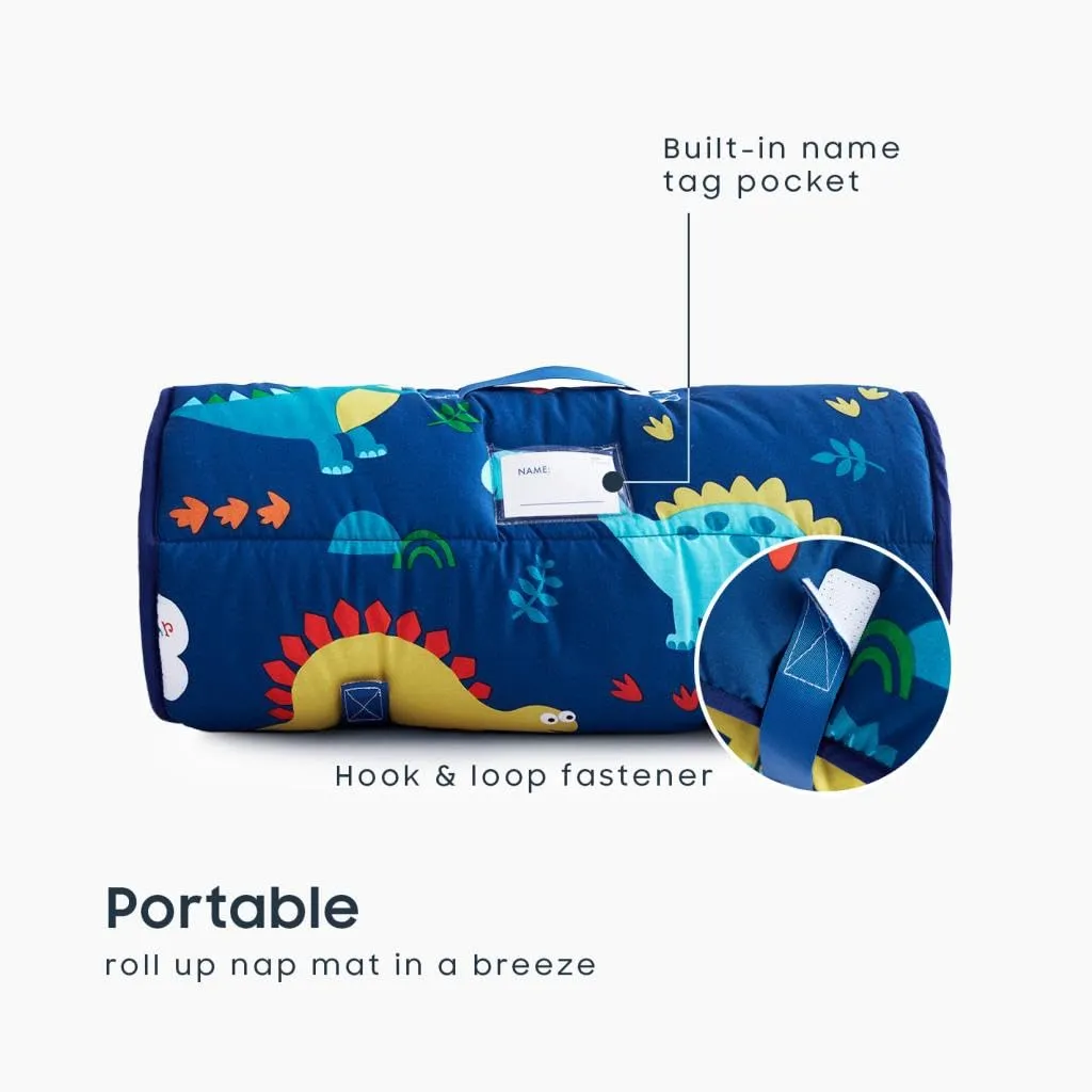 Wake In Cloud - Toddler Nap Mat with Pillow and Blanket, 100% Cotton Fabric, for Kids Boys Girls in Daycare Kindergarten Preschool, Roll Up Sleeping Bag, Dinosaur Navy, Standard