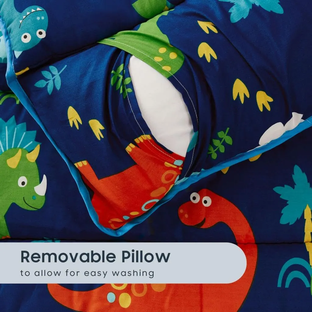 Wake In Cloud - Toddler Nap Mat with Pillow and Blanket, 100% Cotton Fabric, for Kids Boys Girls in Daycare Kindergarten Preschool, Roll Up Sleeping Bag, Dinosaur Navy, Standard