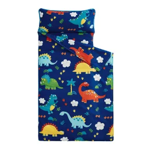 Wake In Cloud - Toddler Nap Mat with Pillow and Blanket, 100% Cotton Fabric, for Kids Boys Girls in Daycare Kindergarten Preschool, Roll Up Sleeping Bag, Dinosaur Navy, Standard