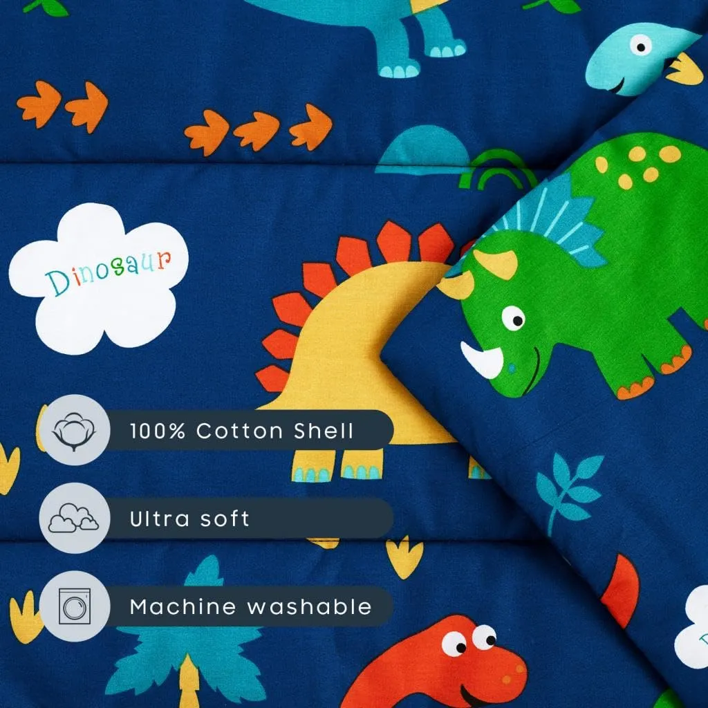 Wake In Cloud - Toddler Nap Mat with Pillow and Blanket, 100% Cotton Fabric, for Kids Boys Girls in Daycare Kindergarten Preschool, Roll Up Sleeping Bag, Dinosaur Navy, Standard