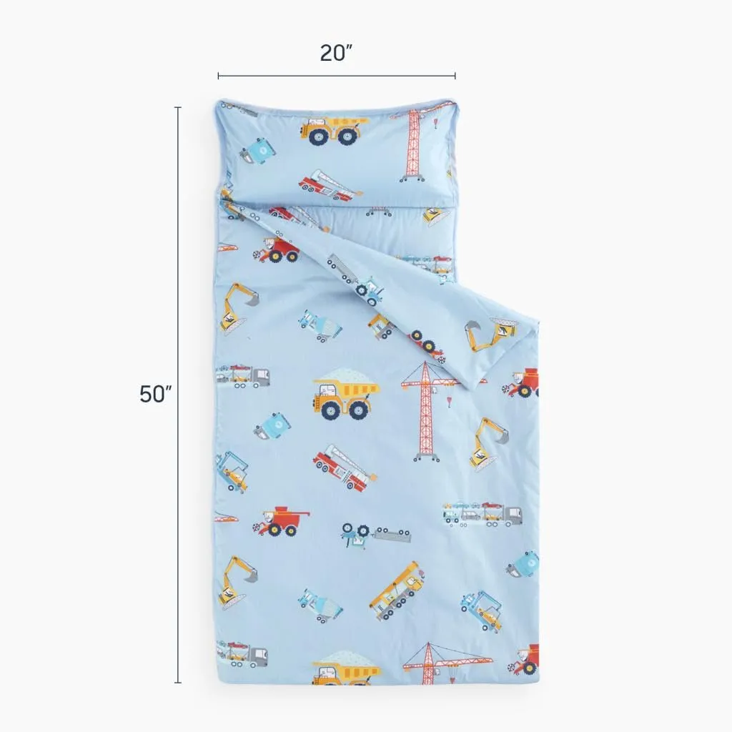 Wake In Cloud - Toddler Nap Mat with Pillow and Blanket, 100% Cotton Fabric, for Kids Boys in Daycare Kindergarten Preschool, Cars Cranes Trucks, Blue, Standard