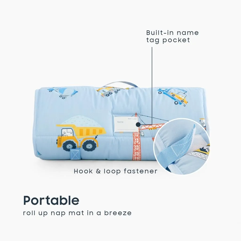 Wake In Cloud - Toddler Nap Mat with Pillow and Blanket, 100% Cotton Fabric, for Kids Boys in Daycare Kindergarten Preschool, Cars Cranes Trucks, Blue, Standard