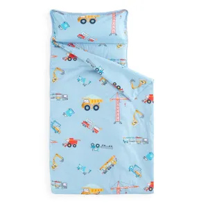 Wake In Cloud - Toddler Nap Mat with Pillow and Blanket, 100% Cotton Fabric, for Kids Boys in Daycare Kindergarten Preschool, Cars Cranes Trucks, Blue, Standard