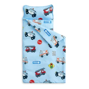Wake In Cloud - Toddler Nap Mat with Pillow and Blanket, for Kids Boys in Kindergarten Daycare Preschool Pre K, Roll Up Sleeping Bag, Cars Vehicles Trains Airplanes, Light Blue, Standard