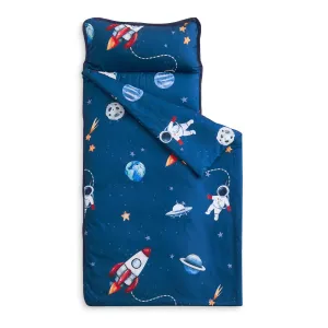 Wake In Cloud - Toddler Nap Mat with Pillow and Blanket, for Kids Boys in Kindergarten Daycare Preschool Pre K, Roll Up Sleeping Bag, Spaces Stars Planet Galaxy, Blue White Red, Extra Long