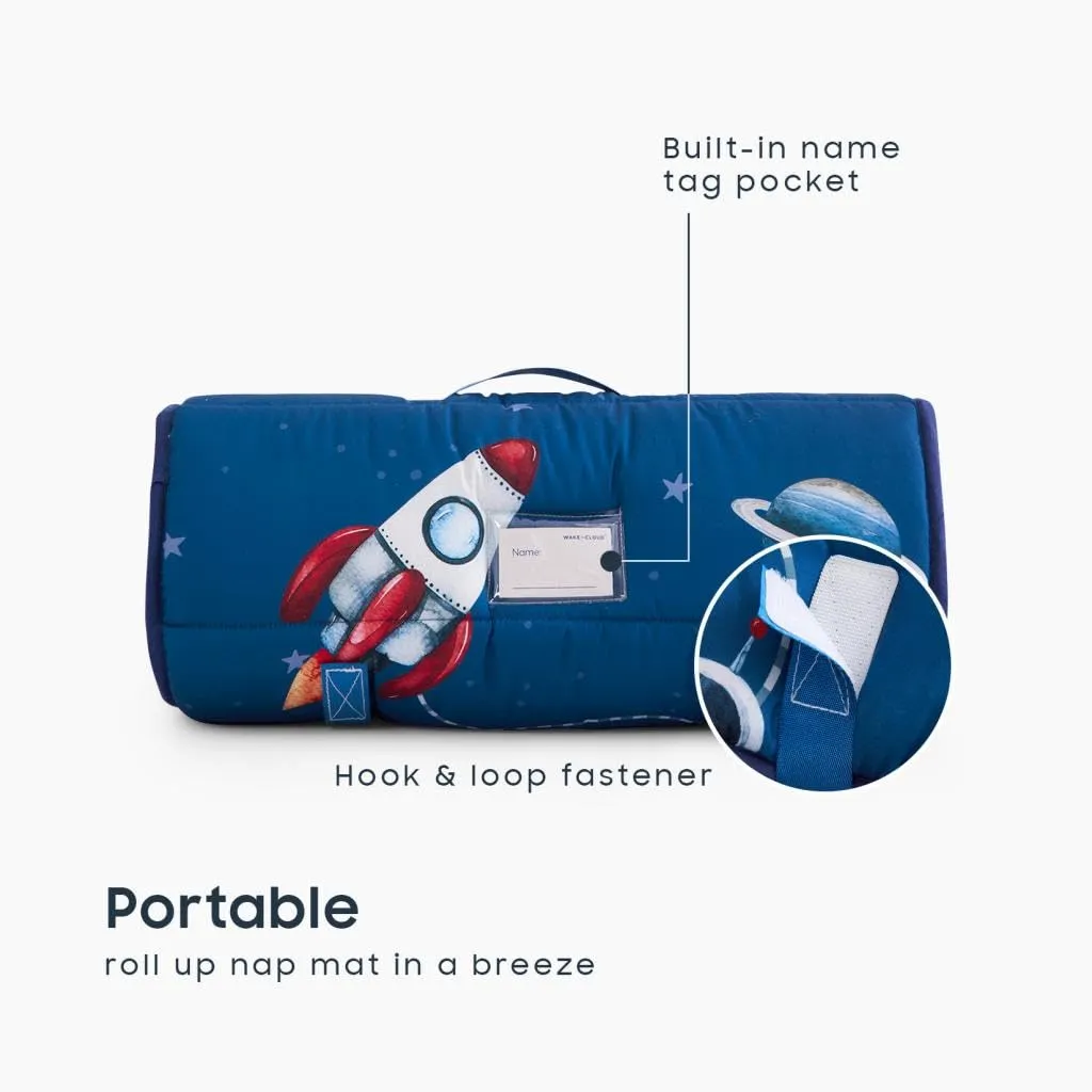 Wake In Cloud - Toddler Nap Mat with Pillow and Blanket, for Kids Boys in Kindergarten Daycare Preschool Pre K, Roll Up Sleeping Bag, Spaces Stars Planet Galaxy, Blue White Red, Extra Long