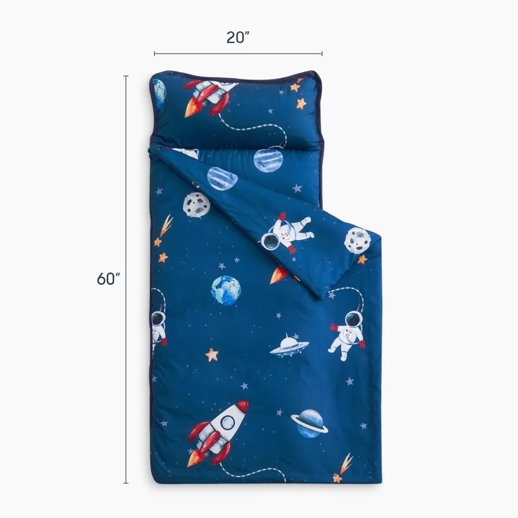 Wake In Cloud - Toddler Nap Mat with Pillow and Blanket, for Kids Boys in Kindergarten Daycare Preschool Pre K, Roll Up Sleeping Bag, Spaces Stars Planet Galaxy, Blue White Red, Extra Long