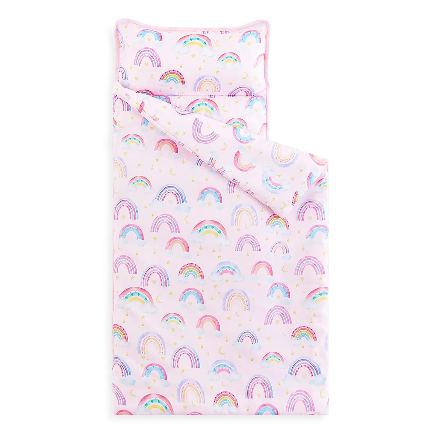 Wake In Cloud - Toddler Nap Mat with Pillow and Blanket, for Kids Girls in Kindergarten Daycare Preschool Pre K, Roll Up Sleeping Bag, Colorful Rainbows, Light Pink, Standard