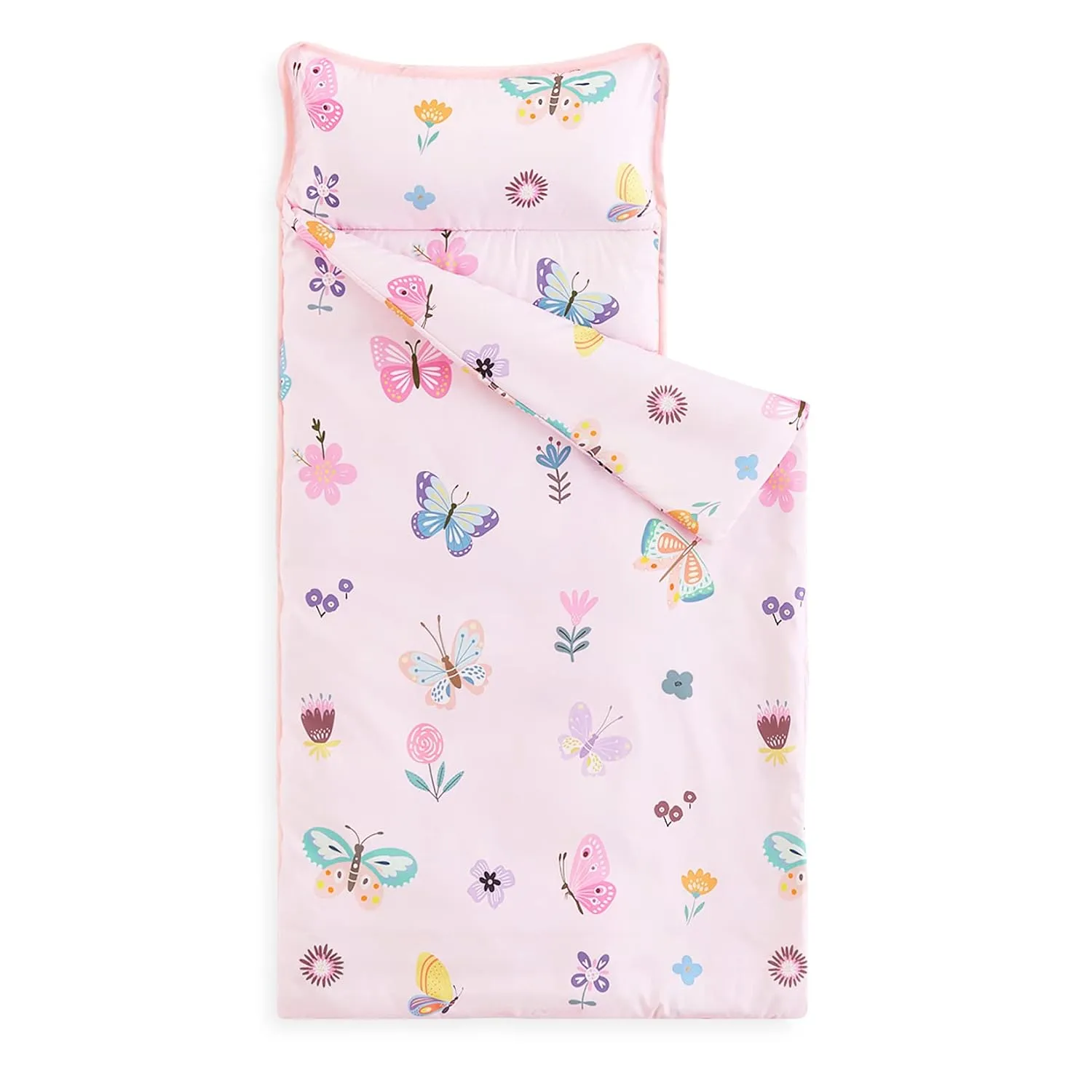 Wake In Cloud - Toddler Nap Mat with Pillow and Blanket, for Kids Girls in Kindergarten Daycare Preschool Pre K, Roll Up Sleeping Bag, Cute Butterfly Flowers, Pink, Extra Long