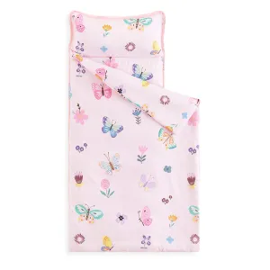 Wake In Cloud - Toddler Nap Mat with Pillow and Blanket, for Kids Girls in Kindergarten Daycare Preschool Pre K, Roll Up Sleeping Bag, Cute Butterfly Flowers, Pink, Extra Long