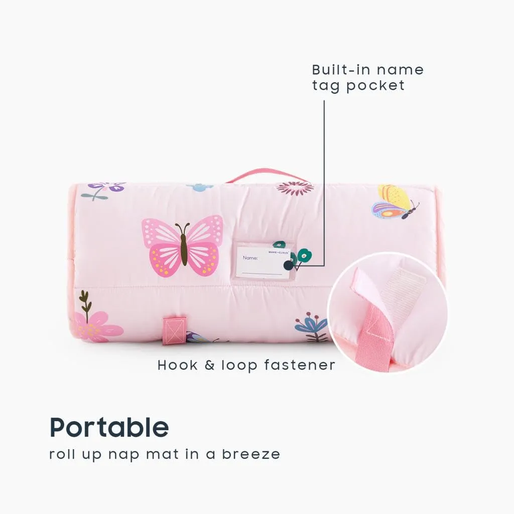 Wake In Cloud - Toddler Nap Mat with Pillow and Blanket, for Kids Girls in Kindergarten Daycare Preschool Pre K, Roll Up Sleeping Bag, Cute Butterfly Flowers, Pink, Extra Long