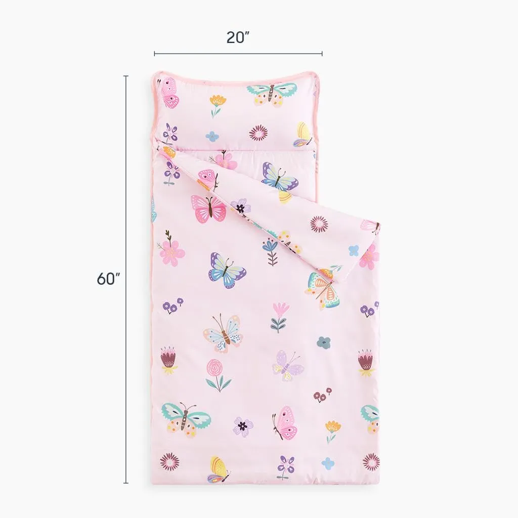 Wake In Cloud - Toddler Nap Mat with Pillow and Blanket, for Kids Girls in Kindergarten Daycare Preschool Pre K, Roll Up Sleeping Bag, Cute Butterfly Flowers, Pink, Extra Long