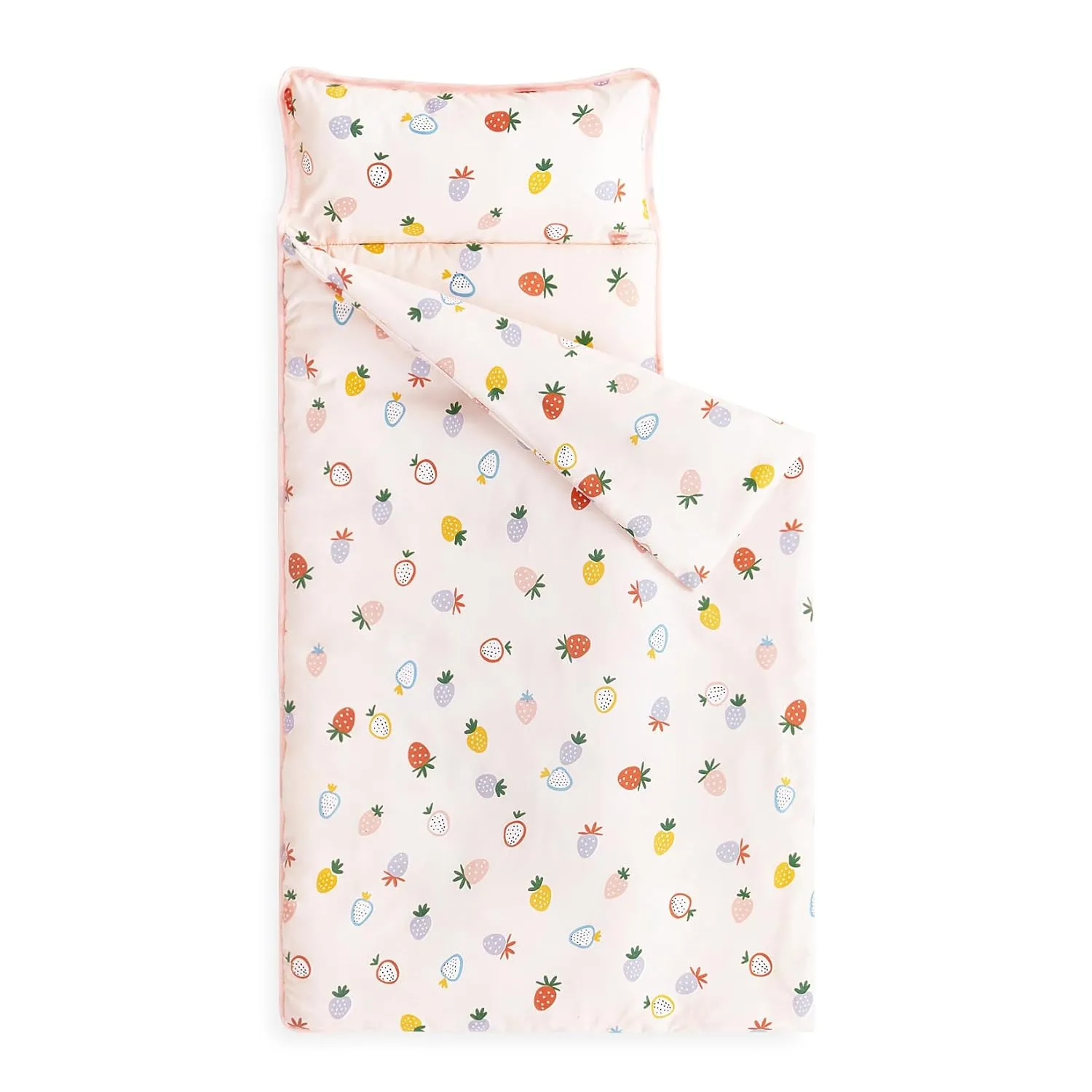 Wake In Cloud - Toddler Nap Mat with Pillow and Blanket, for Kids Girls in Kindergarten Daycare Preschool Pre K, Roll Up Sleeping Bag, Cute Kawaii Strawberry, Light Pink, Standard