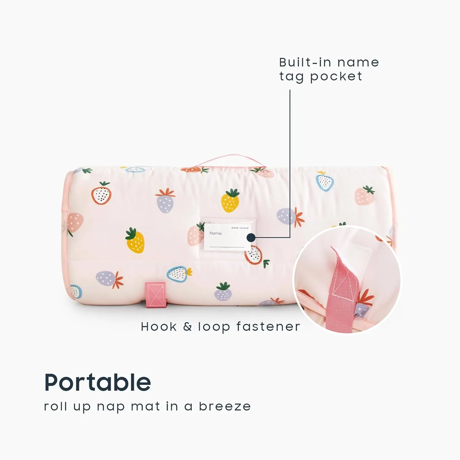 Wake In Cloud - Toddler Nap Mat with Pillow and Blanket, for Kids Girls in Kindergarten Daycare Preschool Pre K, Roll Up Sleeping Bag, Cute Kawaii Strawberry, Light Pink, Standard