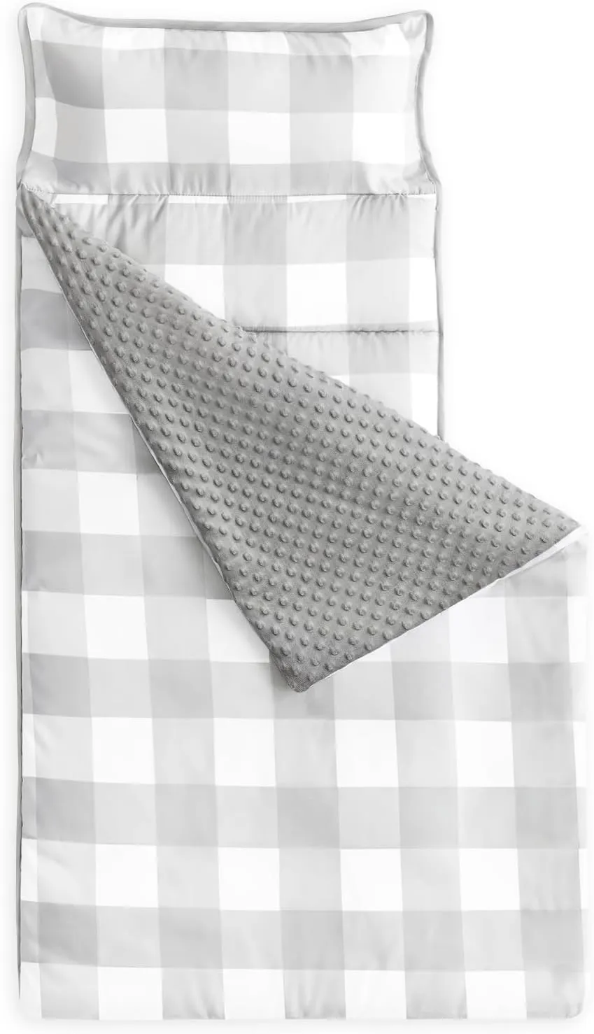 Wake In Cloud - Toddler Nap Mat with Pillow and Minky Fleece Blanket, for Kids Boys Girls in Daycare Preschool Kindergarten, Roll Up Sleeping Bag, Buffalo Check Plaid