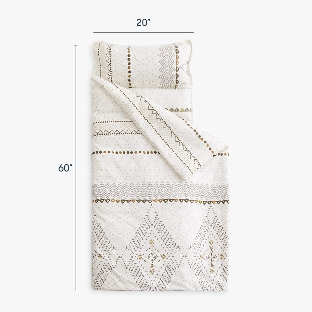 Wake In Cloud - Extra Long Nap Mat with Removable Pillow for Kids Toddler Boys Girls Daycare Preschool Kindergarten Sleeping Bag, Beige Boho Pattern Printed on Ivory Cream, 100% Soft Microfiber
